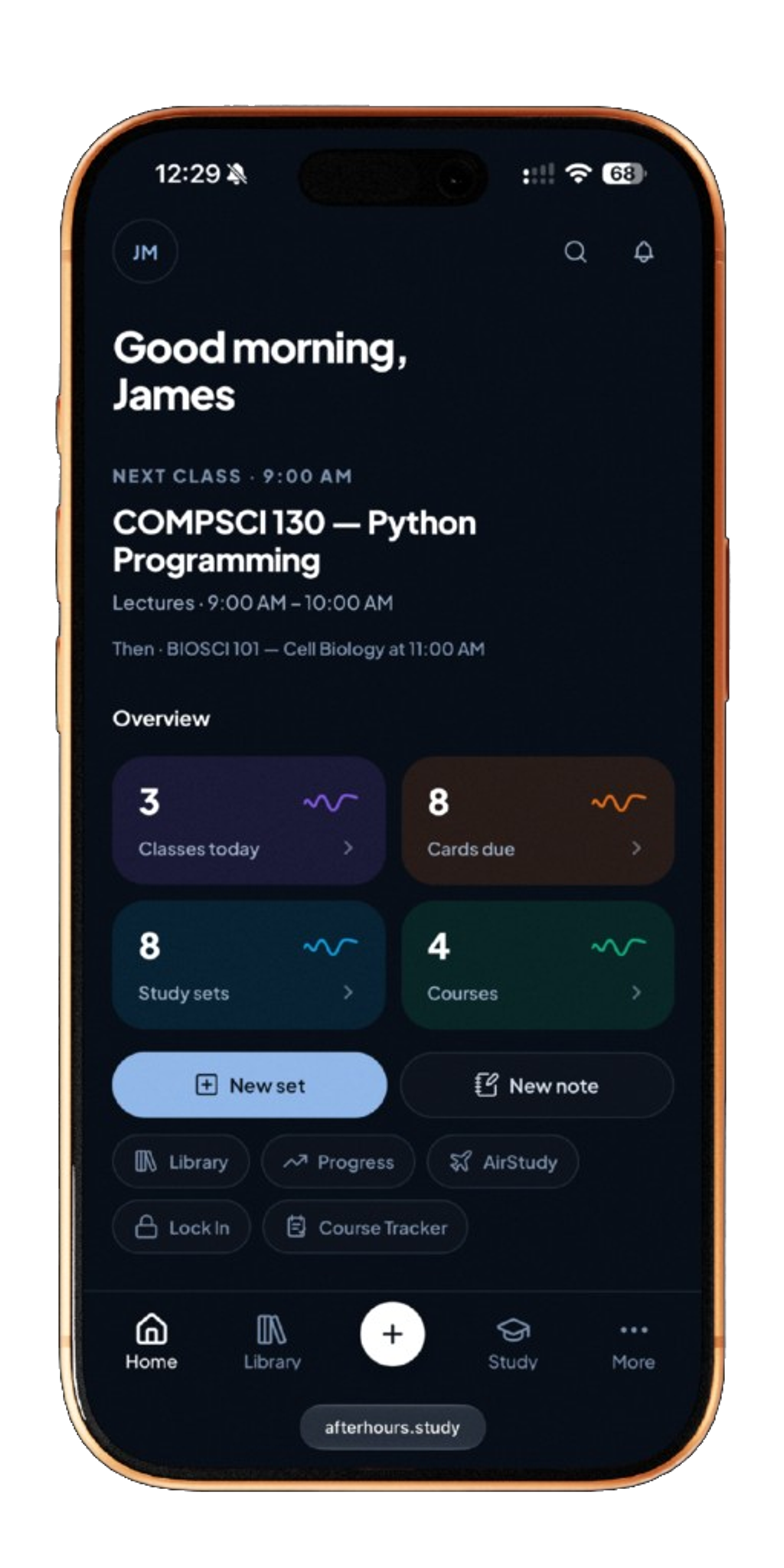 afterhours study dashboard on iPhone in dark mode